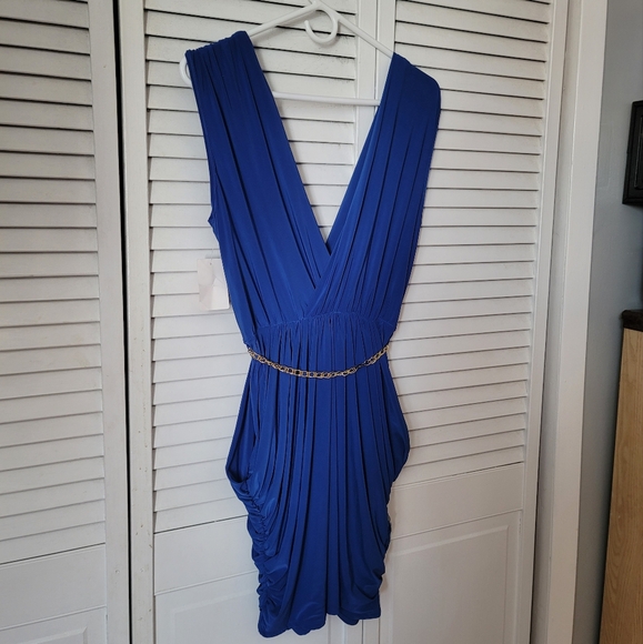 FASHION MAGAZINE V-Neck Jersey Dress w. Gold Chain Belt, Size L - Picture 2 of 5